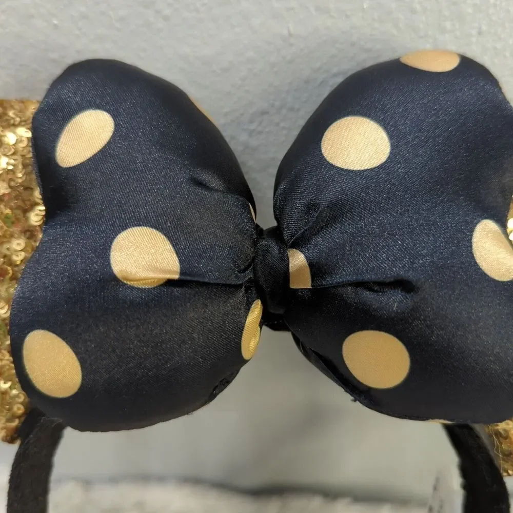 Disney Parks Minnie Mouse Gold Sequin Ear Headband Black & Gold Polka‎ Dot Bow